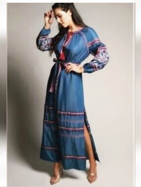 Fashion Nova Embroidered Denim Chambray Maxi Dress